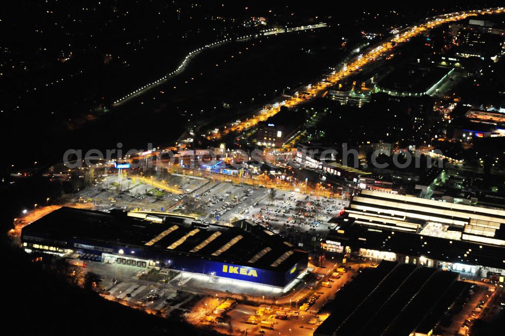 Aerial photograph at night Berlin - Nachtaufnahme: Blick auf das IKEA Einrichtungshaus im Gewerbegebiet in Berlin-Tempelhof. Night shot: View of the furniture store IKEA in Berlin-Tempelhof.