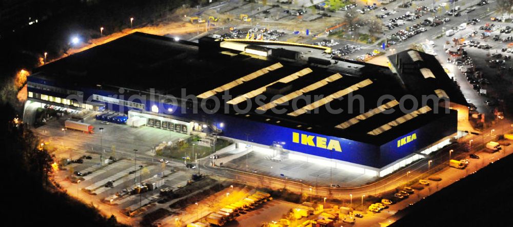 Aerial image at night Berlin - Nachtaufnahme: Blick auf das IKEA Einrichtungshaus im Gewerbegebiet in Berlin-Tempelhof. Night shot: View of the furniture store IKEA in Berlin-Tempelhof.