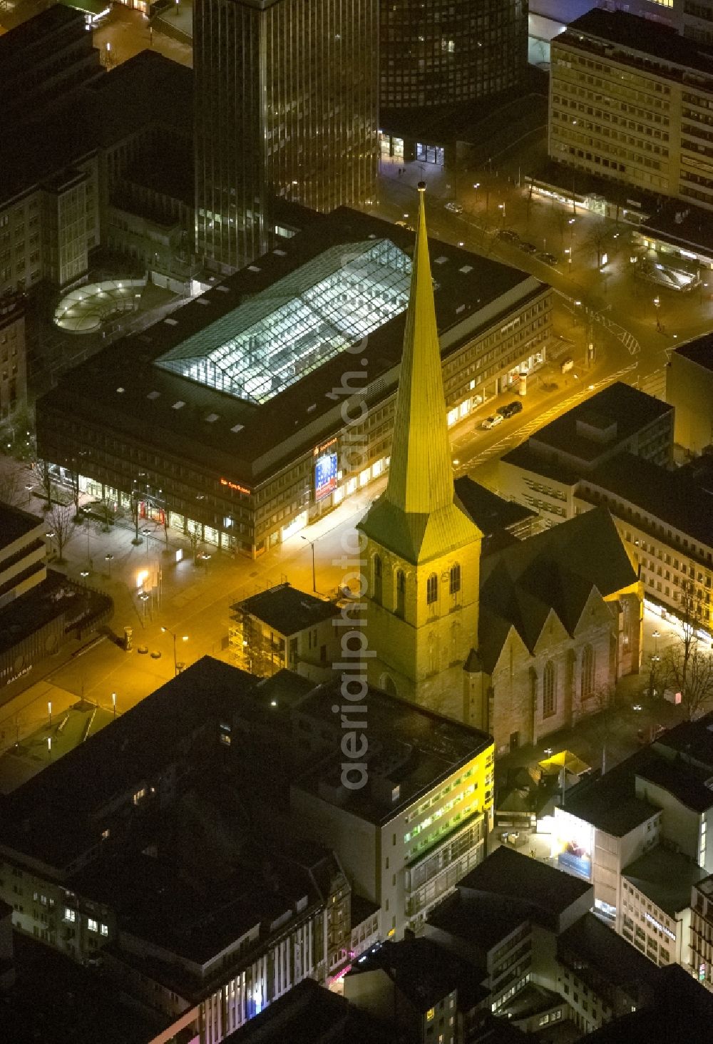 Dortmund at night from above - Night view of St. Peter's Church in downtown Dortmund in North Rhine-Westphalia NRW