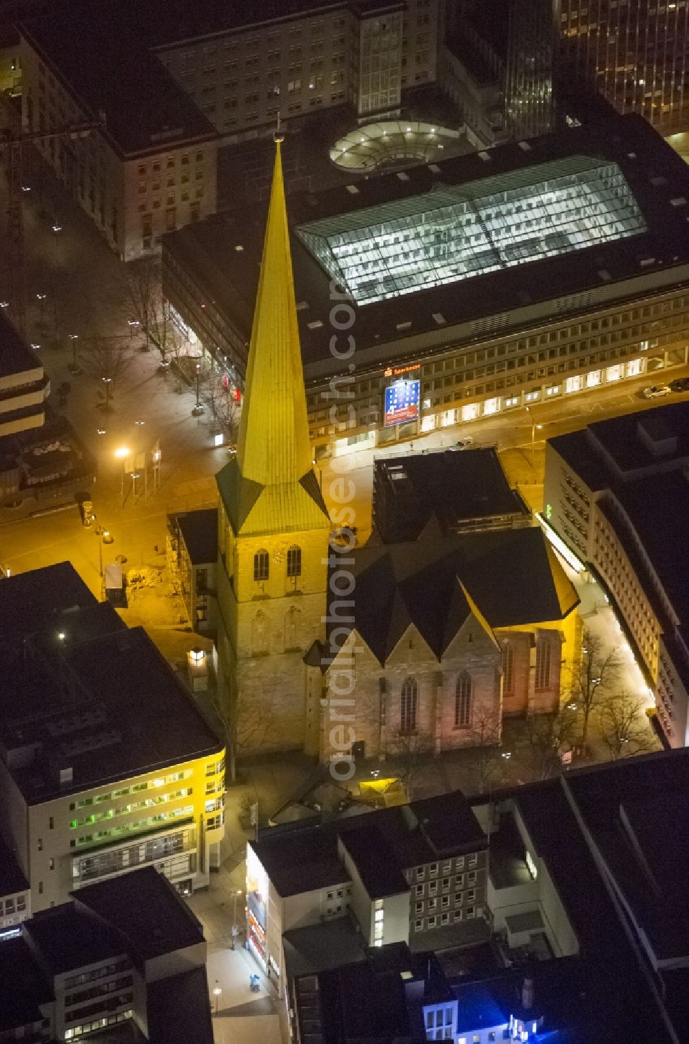 Dortmund at night from the bird perspective: Night view of St. Peter's Church in downtown Dortmund in North Rhine-Westphalia NRW