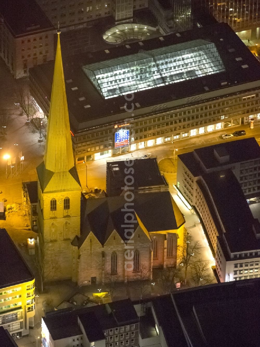 Aerial photograph at night Dortmund - Night view of St. Peter's Church in downtown Dortmund in North Rhine-Westphalia NRW