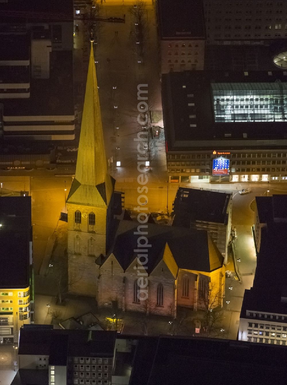 Aerial image at night Dortmund - Night view of St. Peter's Church in downtown Dortmund in North Rhine-Westphalia NRW