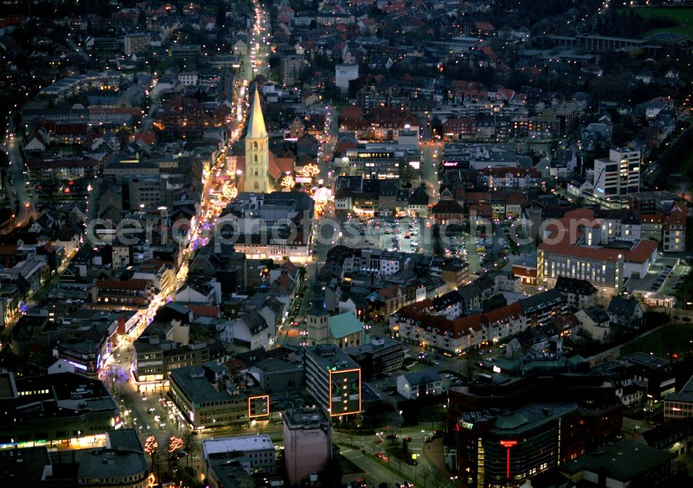 Aerial photograph at night Hamm - Night shot city center and downtown in Hamm in North Rhine-Westphalia. In the picture an illuminated Alleecenter s of ECE and the Protestant Church St. Paul's Church