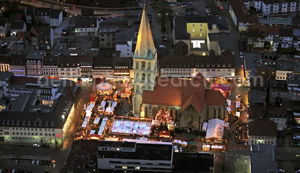 Aerial image at night Hamm - Night shot city center and downtown in Hamm in North Rhine-Westphalia. In the picture an illuminated Alleecenter s of ECE and the Protestant Church St. Paul's Church