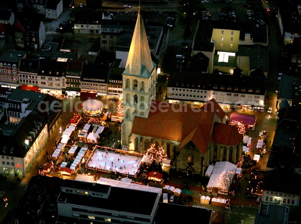 Hamm at night from above - Night shot city center and downtown in Hamm in North Rhine-Westphalia. In the picture an illuminated Alleecenter s of ECE and the Protestant Church St. Paul's Church