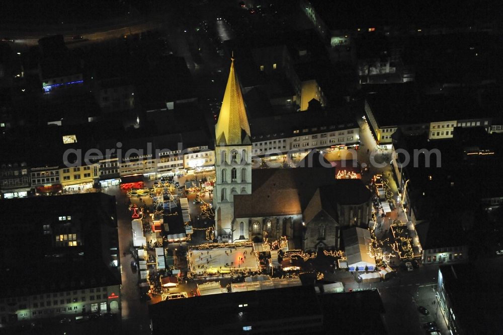 Aerial image at night Hamm - Night view of the city center with Christmas Market at the Church of St. Paul's Church at the Heinrich Kleist Forum in Hamm in North Rhine-Westphalia