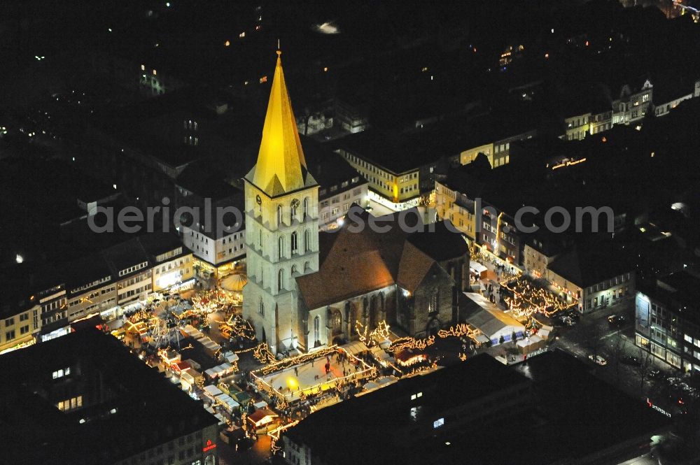 Aerial image at night Hamm - Night view of the city center with Christmas Market at the Church of St. Paul's Church at the Heinrich Kleist Forum in Hamm in North Rhine-Westphalia