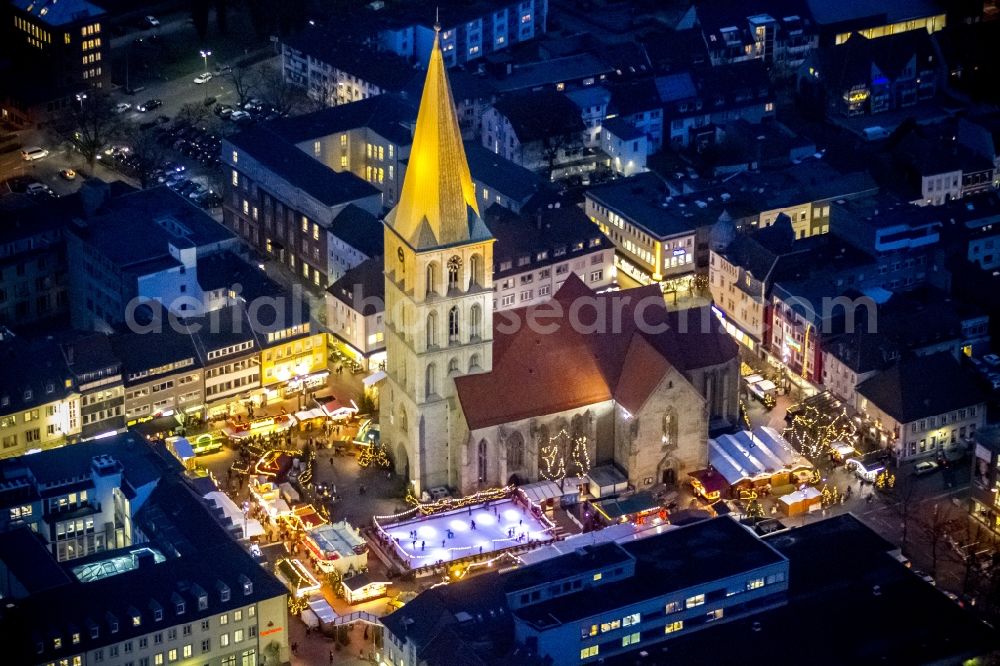 Aerial image at night Hamm - Night view of the city center with Christmas Market at the Church of St. Paul's Church at the Heinrich Kleist Forum in Hamm in North Rhine-Westphalia