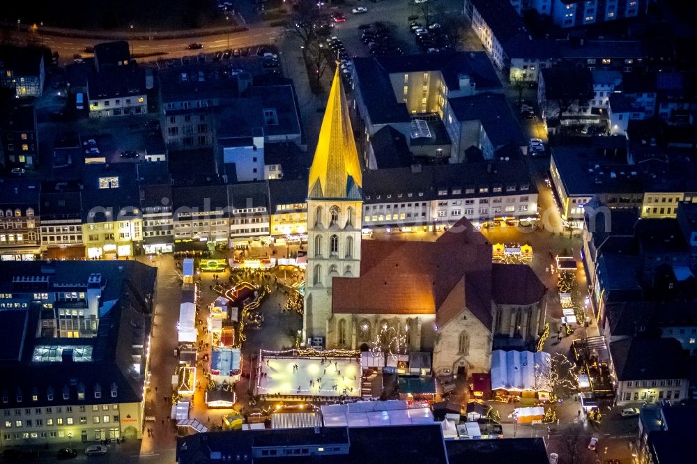 Hamm at night from above - Night view of the city center with Christmas Market at the Church of St. Paul's Church at the Heinrich Kleist Forum in Hamm in North Rhine-Westphalia