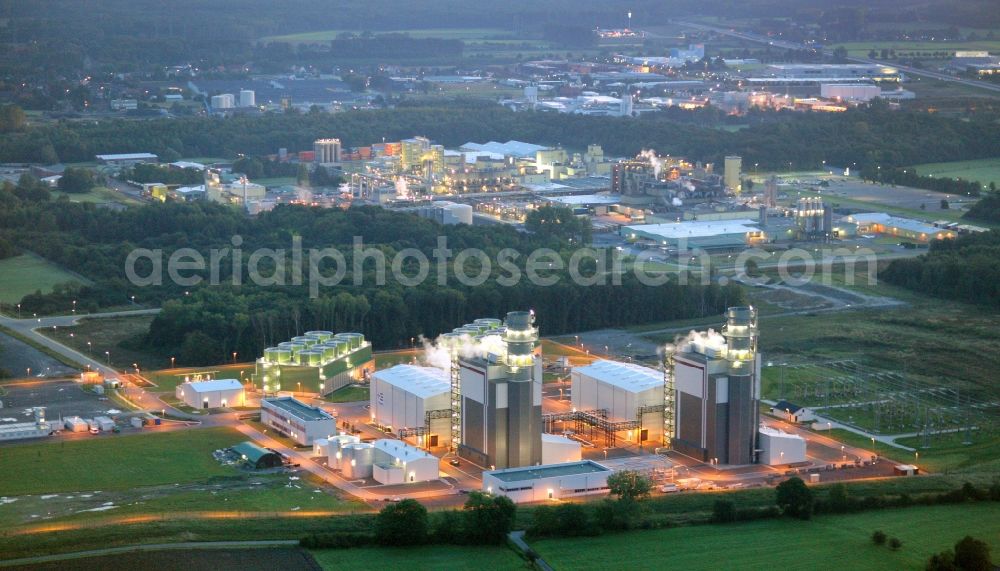 Hamm at night from above - Night photograph of Trianel gas and steam power plant in Hamm-Uentrop in North Rhine-Westphalia