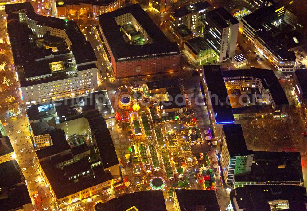 Aerial image at night Essen - Nachtaufnahme Weihnachtsmarkt am Kennedyplatz in Essen. Night scene at Kennedy Square Christmas market in Essen.