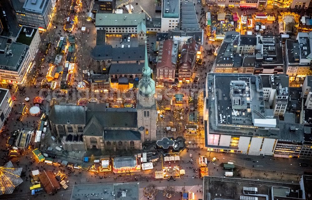 Dortmund at night from above - Night Scene Christmas Market at the Church of St. Reinoldi, also Reinoldikirche in downtown Dortmund in North Rhine-Westphalia