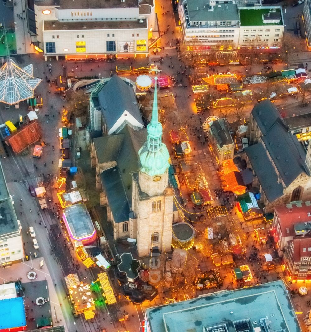 Dortmund at night from above - Night Scene Christmas Market at the Church of St. Reinoldi, also Reinoldikirche in downtown Dortmund in North Rhine-Westphalia