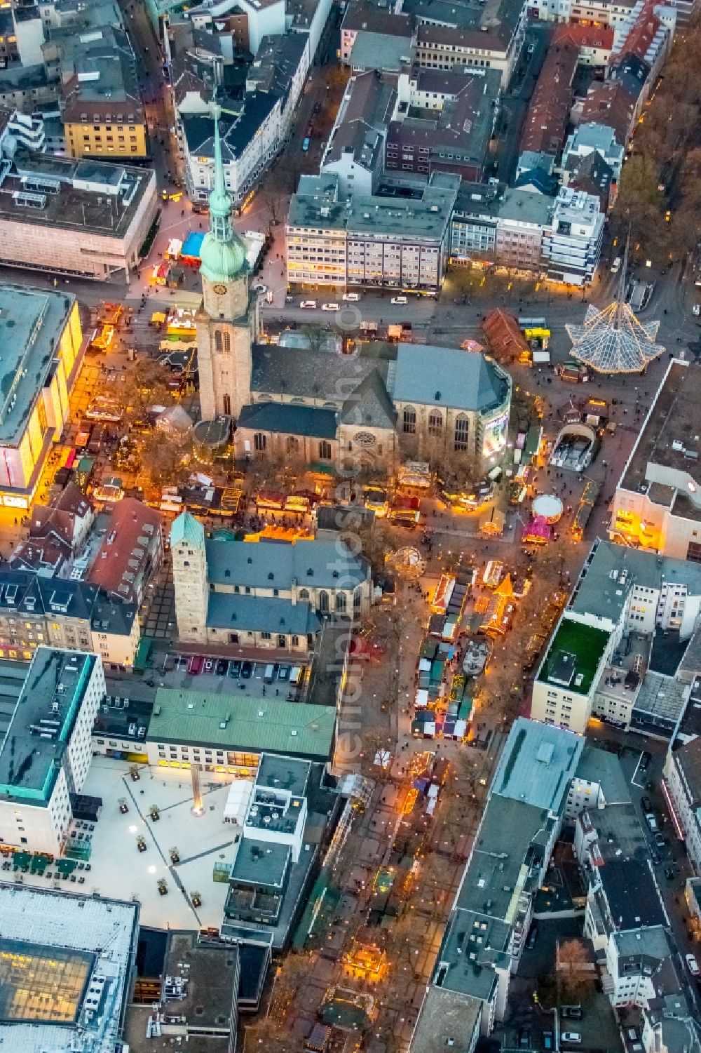 Dortmund at night from above - Night Scene Christmas Market at the Church of St. Reinoldi, also Reinoldikirche in downtown Dortmund in North Rhine-Westphalia