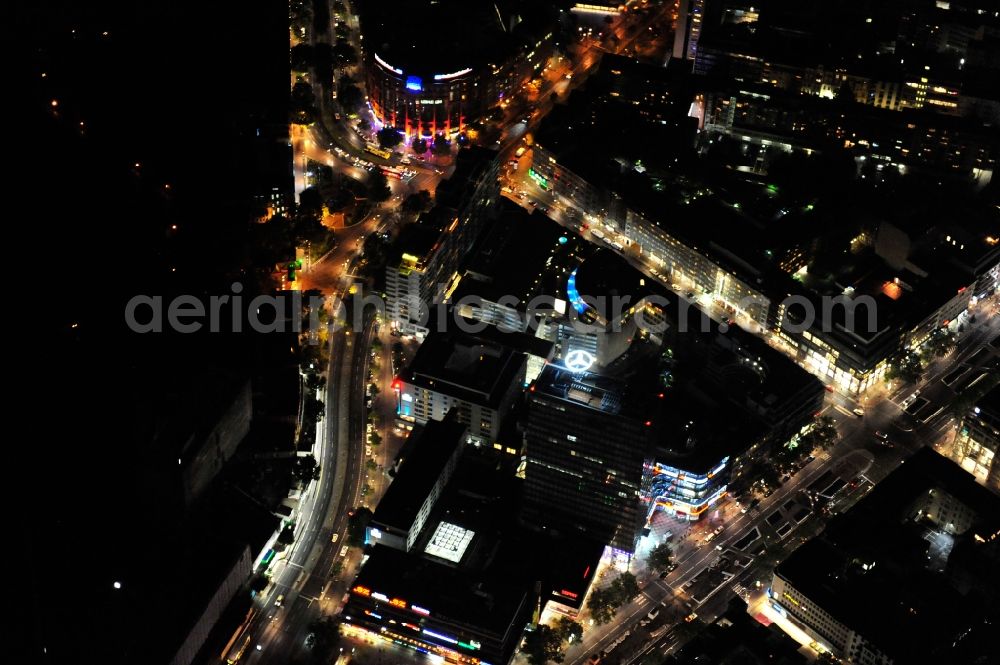 Berlin at night from the bird perspective: Night view at the Hardenbergplatz and the Kurfürstendamm in the district Charlottenburg in Berlin. The Hardenbergplatz is a sub center in the City West