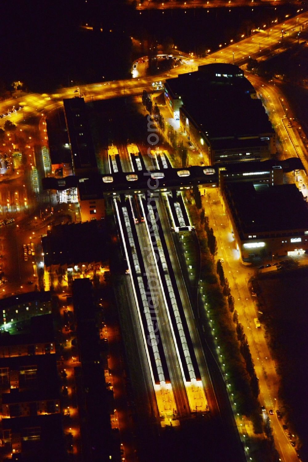 Aerial image at night Potsdam - Night aerial image of the main station in Potsdam in the state Brandenburg