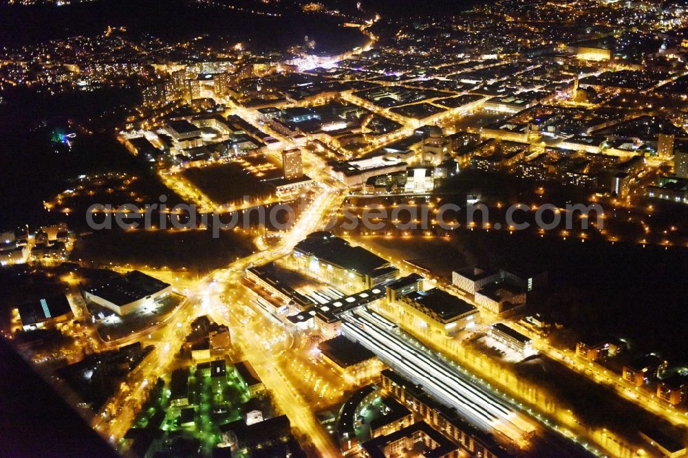 Potsdam at night from the bird perspective: Night aerial image of the main station in Potsdam in the state Brandenburg