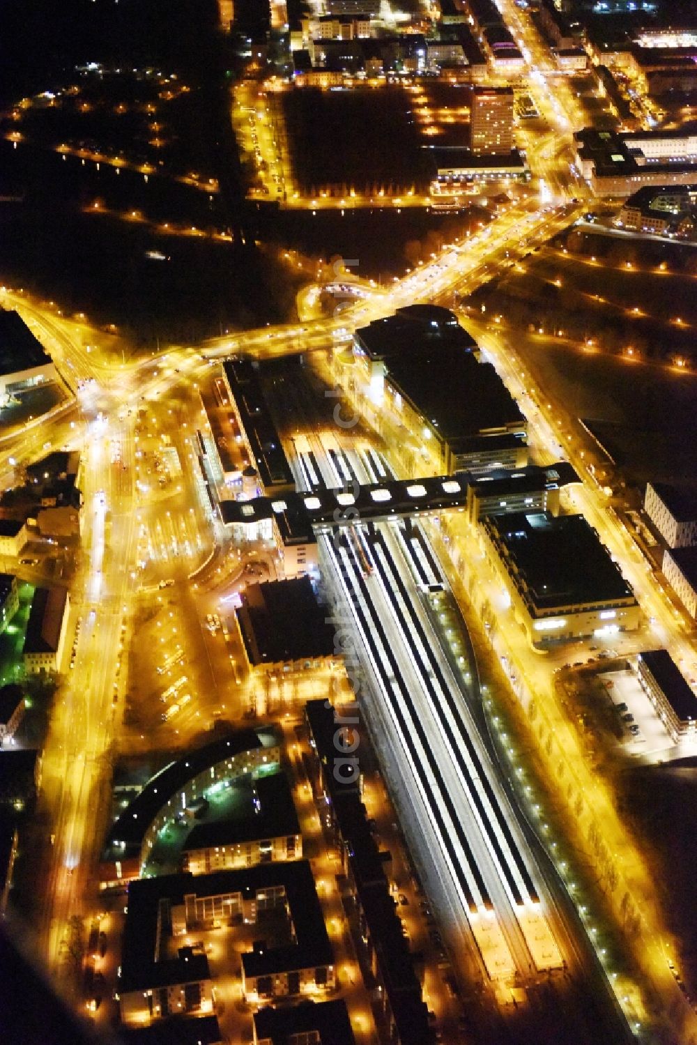 Aerial photograph at night Potsdam - Night aerial image of the main station in Potsdam in the state Brandenburg