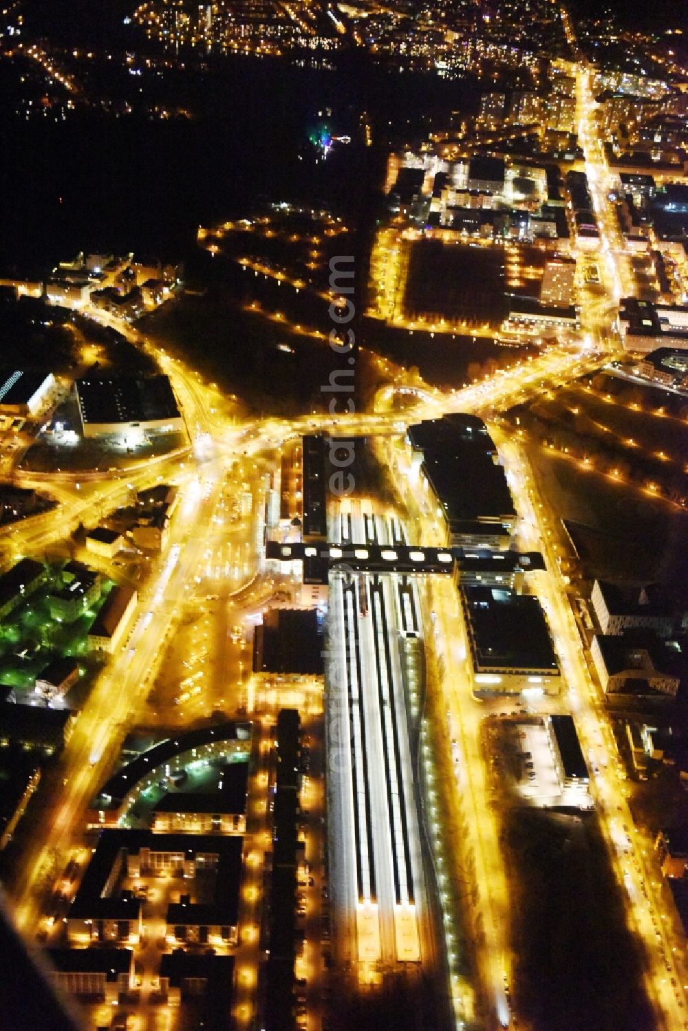 Aerial image at night Potsdam - Night aerial image of the main station in Potsdam in the state Brandenburg