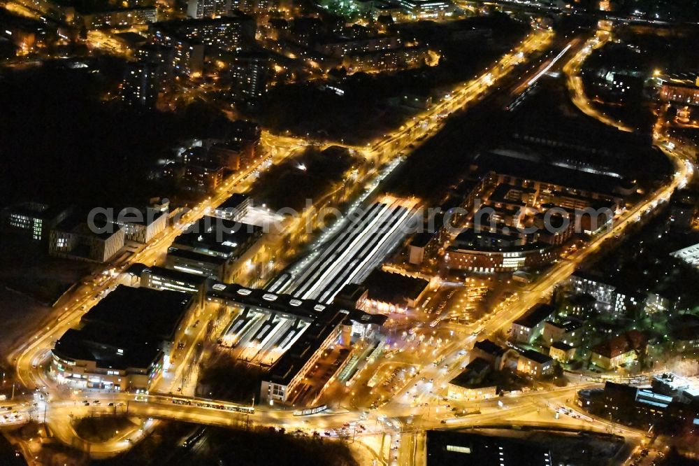 Potsdam at night from above - Night aerial image of the main station in Potsdam in the state Brandenburg