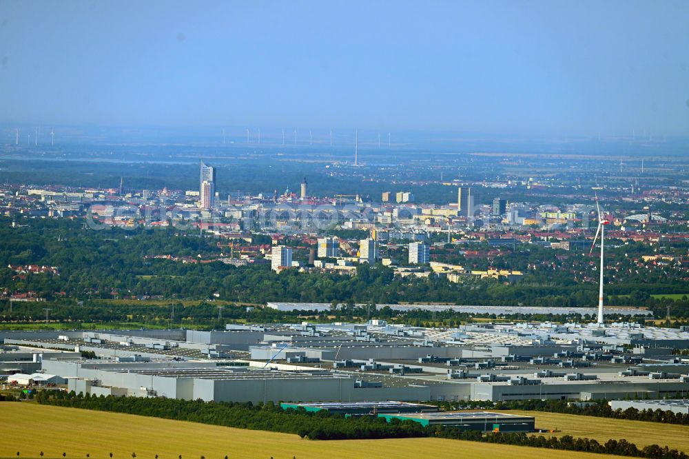 Aerial image at night Leipzig - Site location of Bayerische Motoren Werke AG BMW Leipzig in Saxony