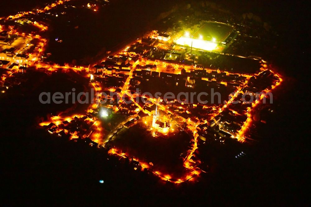 Aerial photograph at night Werder (Havel) - Night lighting city view on the river bank the Havel in the district Geltow in Werder (Havel) in the state Brandenburg, Germany