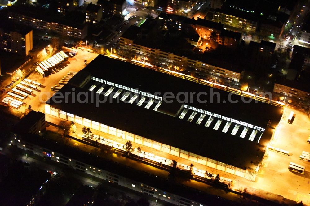 Aerial image at night Berlin - Night view depot of the Municipal Transport Company BVB Am Strassenbahnhof - Gradestrasse im Stadtteil Neukoelln in Berlin