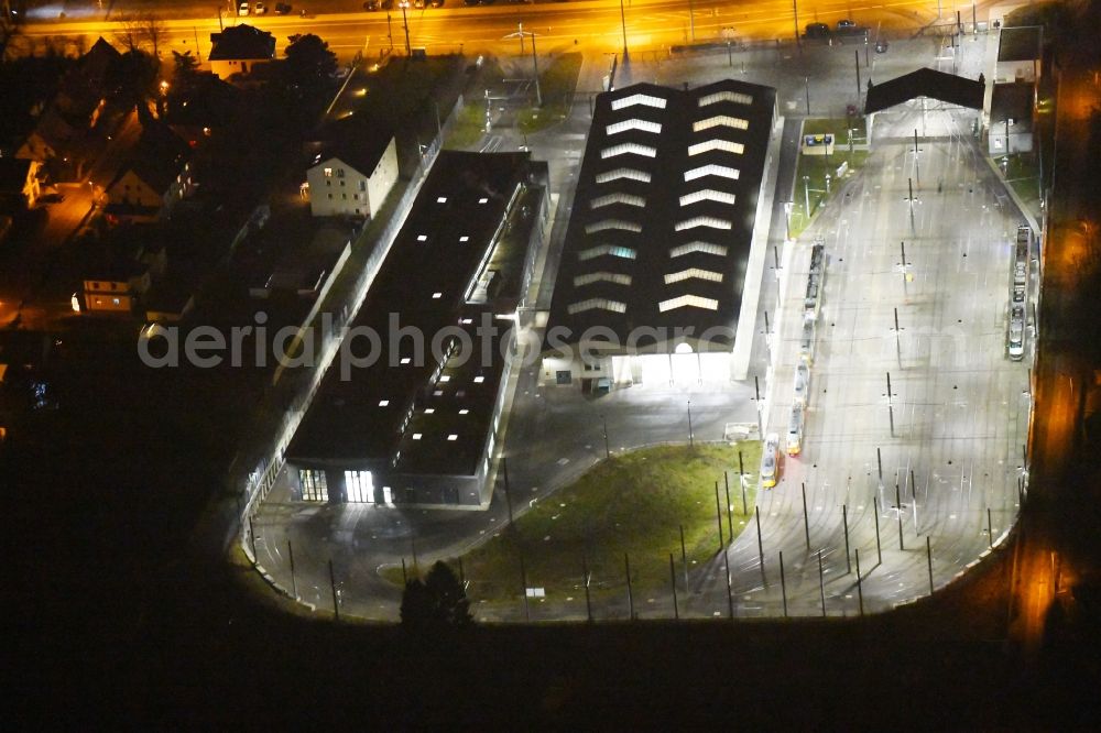 Aerial photograph at night Leipzig - Night lighting Tram depot of the Municipal Transport Company on Bornaische Strasse in the district Doelitz in Leipzig in the state Saxony, Germany