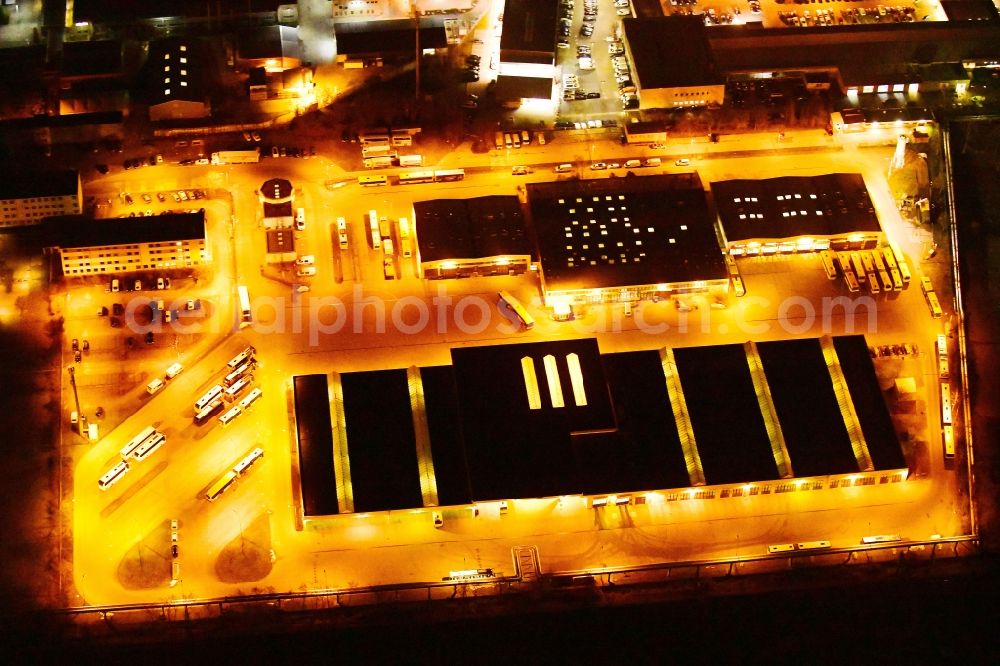 Aerial photograph at night Dresden - Night lighting tram depot of the Municipal Transport Company on Tiergartenstrasse in the district Gruna in Dresden in the state Saxony, Germany