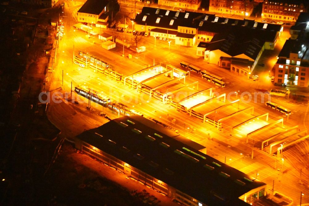 Aerial photograph at night Dresden - Night lighting Tram depot of the Municipal Transport Company in the district Pieschen in Dresden in the state Saxony, Germany