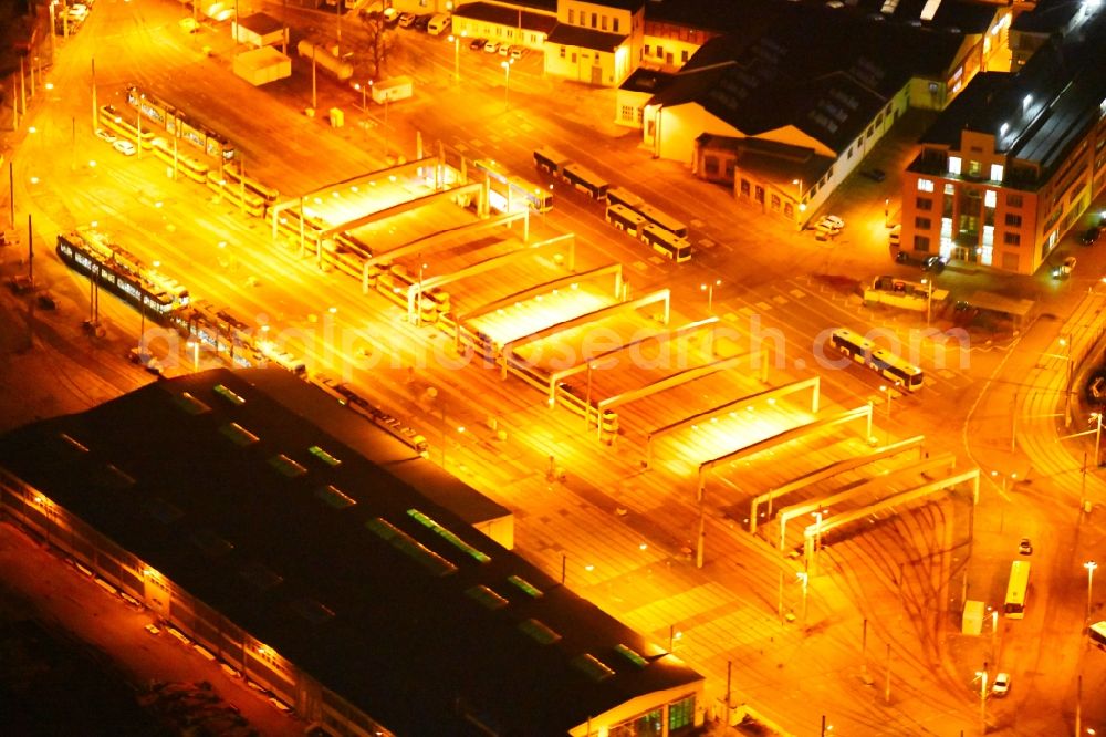 Aerial image at night Dresden - Night lighting Tram depot of the Municipal Transport Company in the district Pieschen in Dresden in the state Saxony, Germany