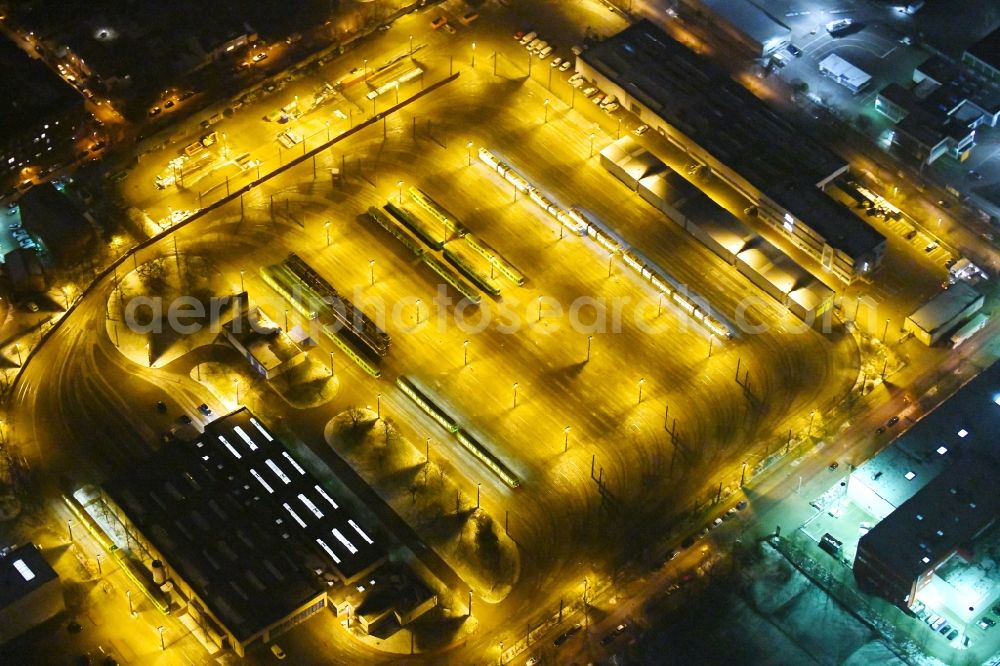 Hannover at night from above - Night lighting Tram depot of the Municipal Transport Company of Stadtbahn Hannover on Thurnithistrasse in the district Doehren-Wuelfel in Hannover in the state Lower Saxony, Germany