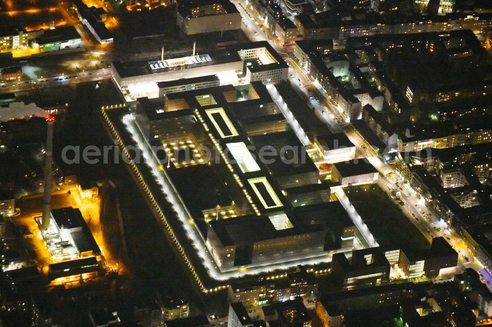 Berlin at night from above - Night lighting headquarter Construction of Federal Intelligence Service BND headquarters on Chausseestrasse in the Mitte district of the capital Berlin