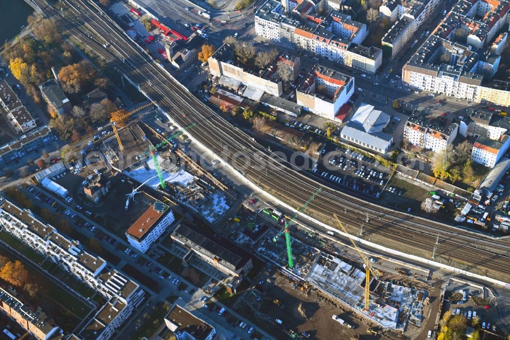 Berlin at night from above - Night lighting Construction site to build a new office and commercial building B:HUB on Kynaststrasse - Alt-Stralau in Berlin, Germany