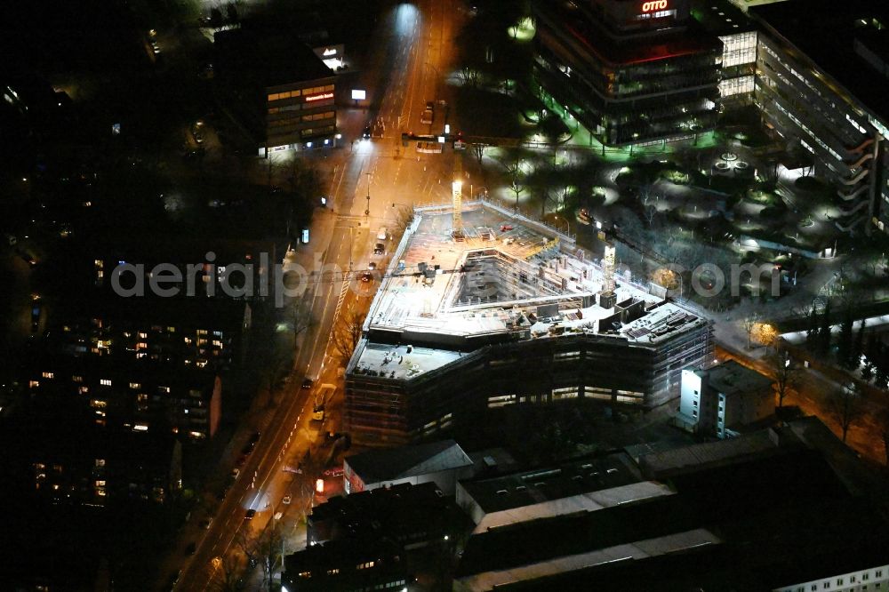 Hamburg at night from above - Night lighting construction site to build a new office and commercial building on Bramfelder Chausee corner Werner-Otto-Strasse in the district Bramfeld in Hamburg, Germany