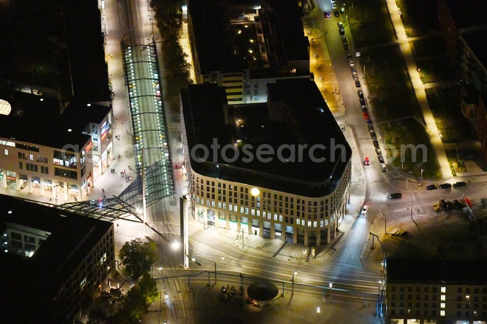 Aerial image at night Dresden - Night lighting build a new office and commercial building Haus Postplatz in the district Wilsdruffer Vorstadt in Dresden in the state Saxony, Germany