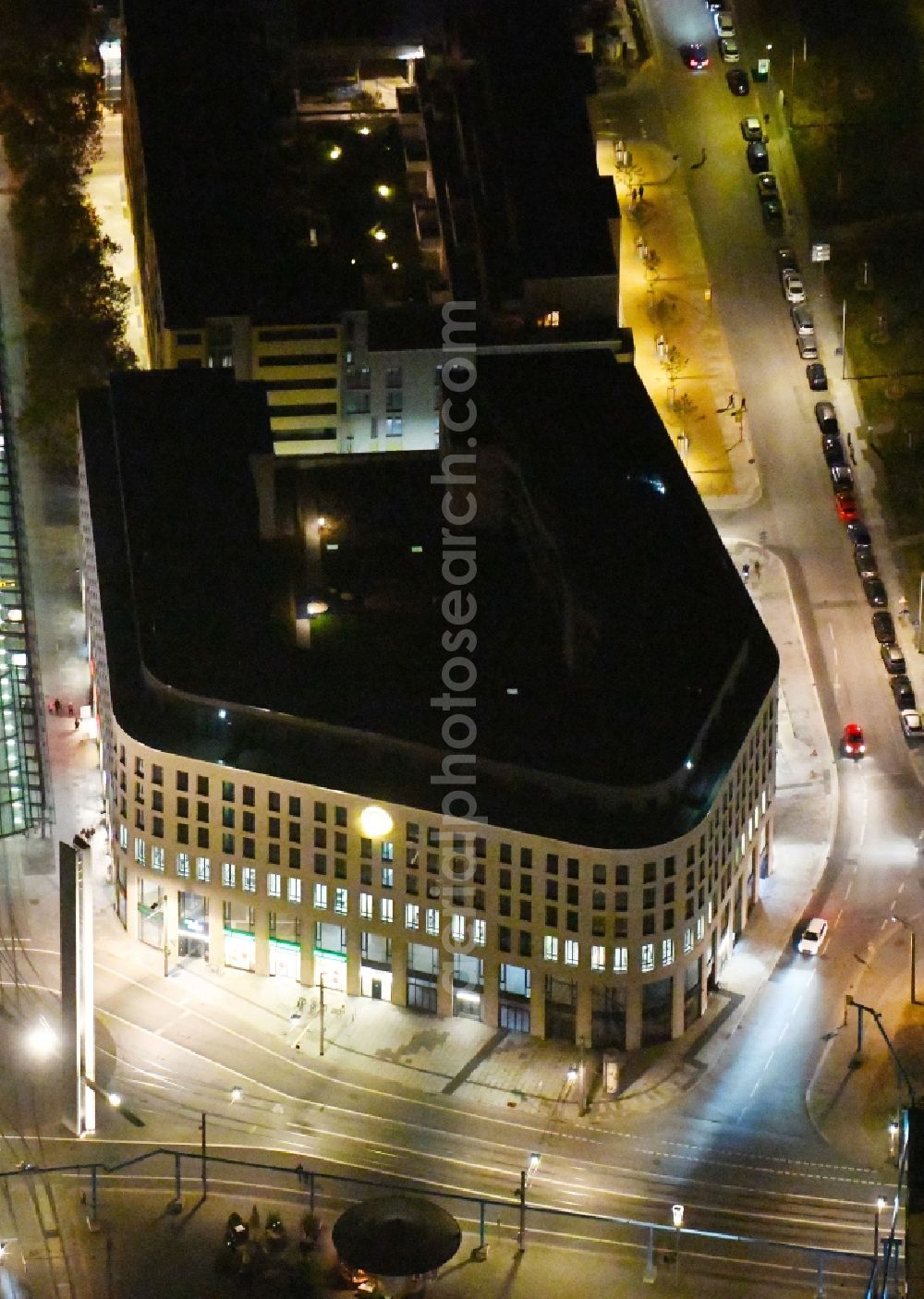 Dresden at night from above - Night lighting build a new office and commercial building Haus Postplatz in the district Wilsdruffer Vorstadt in Dresden in the state Saxony, Germany