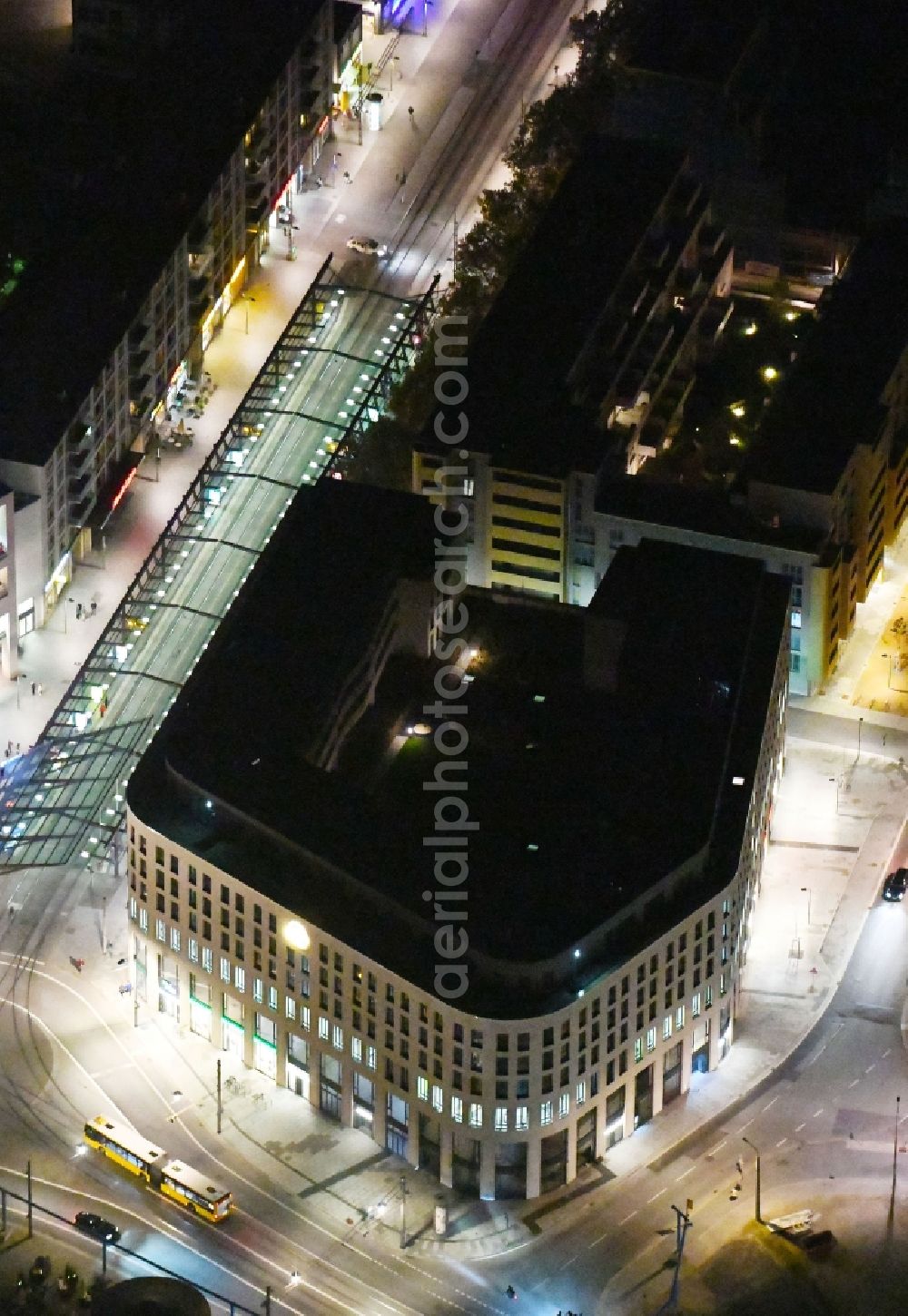 Aerial image at night Dresden - Night lighting build a new office and commercial building Haus Postplatz in the district Wilsdruffer Vorstadt in Dresden in the state Saxony, Germany