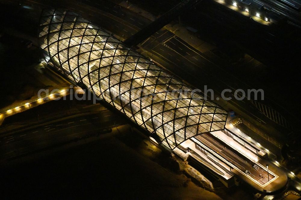 Aerial image at night Hamburg - Night lighting construction site for the train stop Elbbruecken of the subway line 4 in Hamburg, Germany