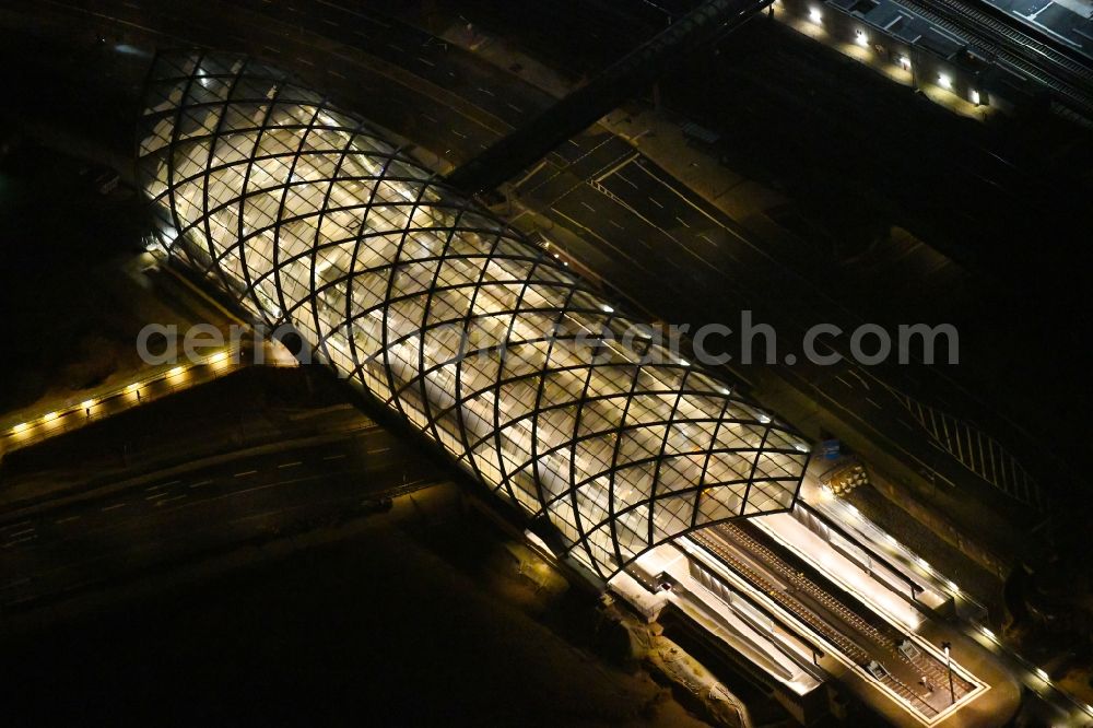 Hamburg at night from above - Night lighting construction site for the train stop Elbbruecken of the subway line 4 in Hamburg, Germany