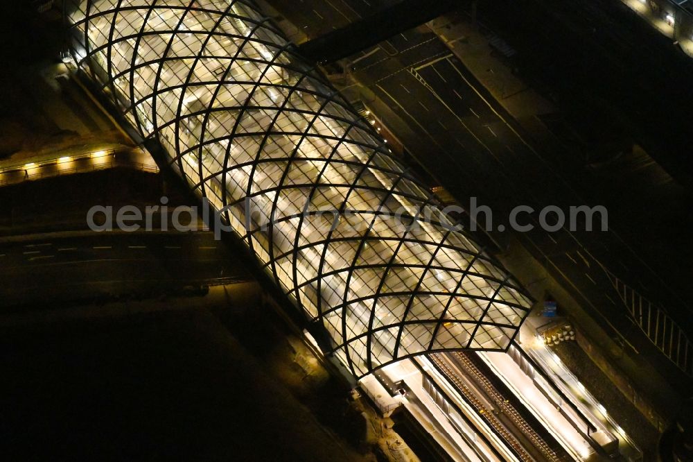 Hamburg at night from the bird perspective: Night lighting construction site for the train stop Elbbruecken of the subway line 4 in Hamburg, Germany