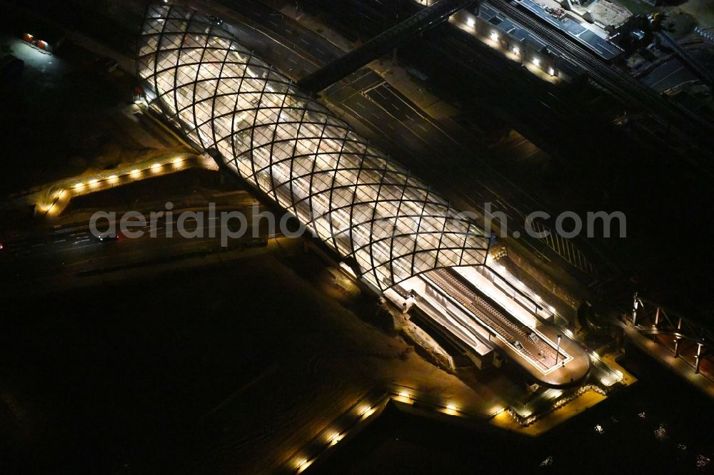 Aerial image at night Hamburg - Night lighting construction site for the train stop Elbbruecken of the subway line 4 in Hamburg, Germany