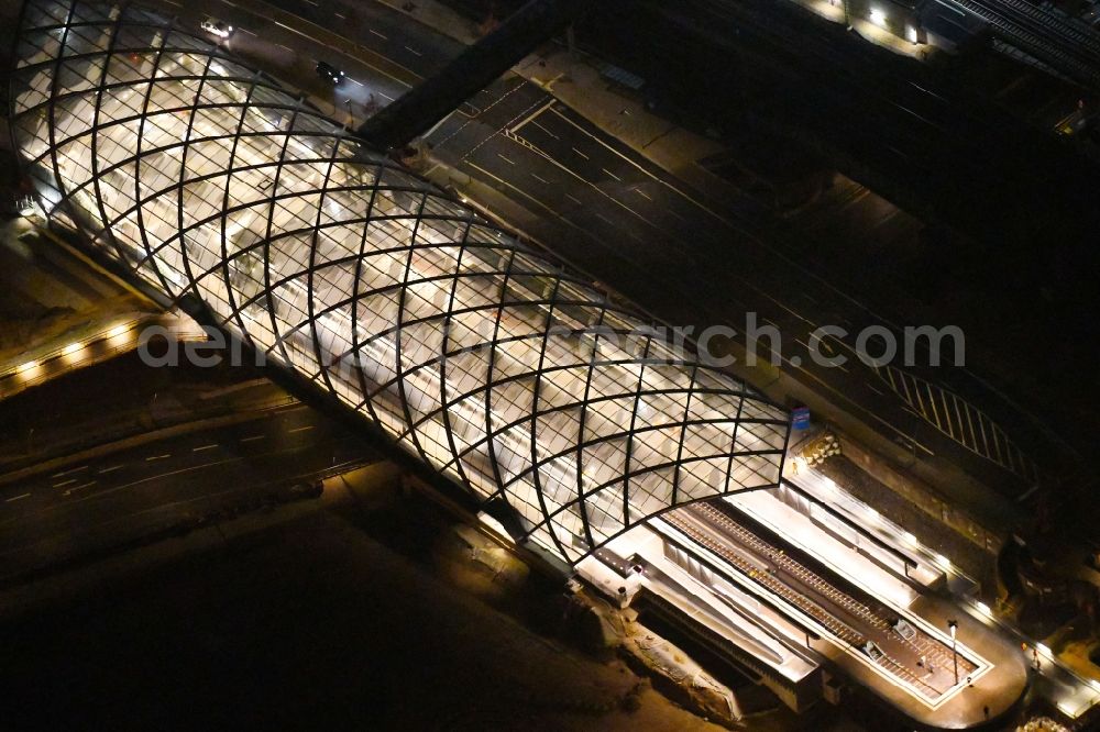 Hamburg at night from above - Night lighting construction site for the train stop Elbbruecken of the subway line 4 in Hamburg, Germany