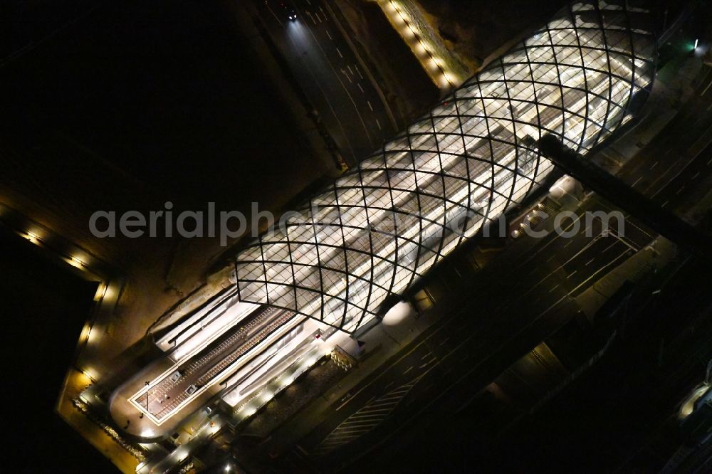 Aerial photograph at night Hamburg - Night lighting construction site for the train stop Elbbruecken of the subway line 4 in Hamburg, Germany