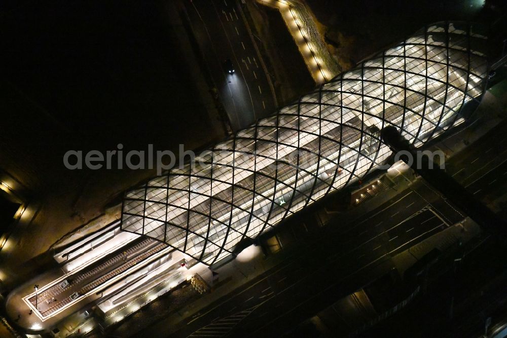 Aerial image at night Hamburg - Night lighting construction site for the train stop Elbbruecken of the subway line 4 in Hamburg, Germany