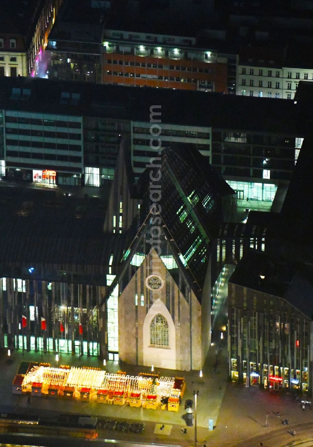 Aerial photograph at night Leipzig - Night lighting Construction onto the main campus building of the University of Leipzig