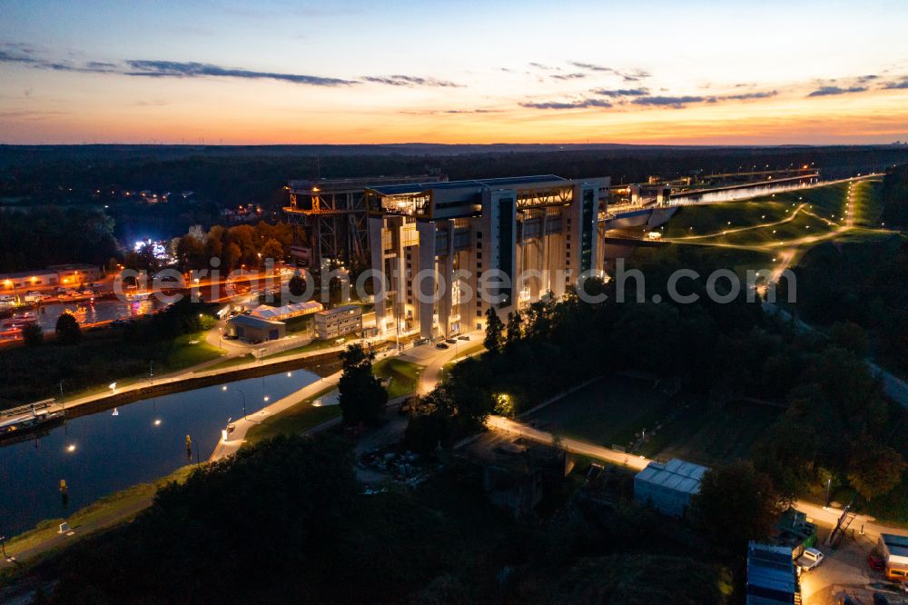 Aerial photograph at night Niederfinow - Night lighting new and old Niederfinow opening ship lift on the Finow Canal in the state of Brandenburg