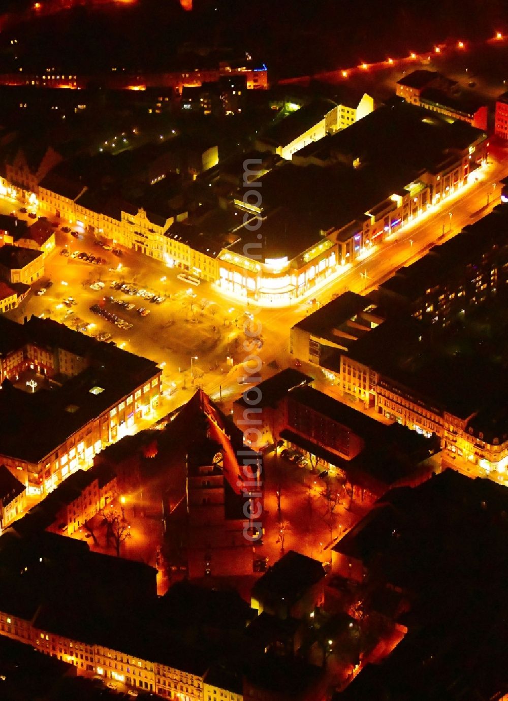 Brandenburg an der Havel at night from the bird perspective: Night lighting neustaedtischer Markt and Church building Katharinenkirche in Brandenburg an der Havel in the state Brandenburg, Germany