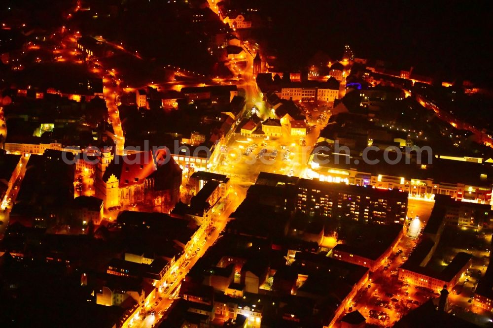 Aerial image at night Brandenburg an der Havel - Night lighting neustaedtischer Markt and Church building Katharinenkirche in Brandenburg an der Havel in the state Brandenburg, Germany