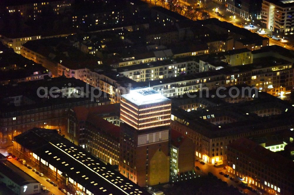 Aerial photograph at night Berlin - Night view at the Basf building in the district Friedrichshain in Berlin